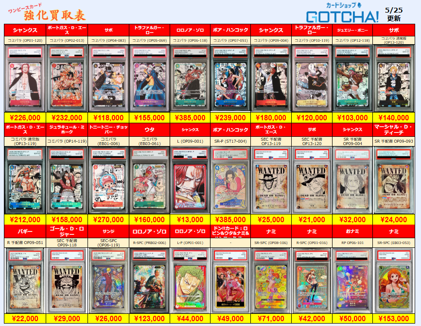 5/25更新 🚢ワンピースカードゲーム🌊 🏴‍☠️【PSA10 強化買取表