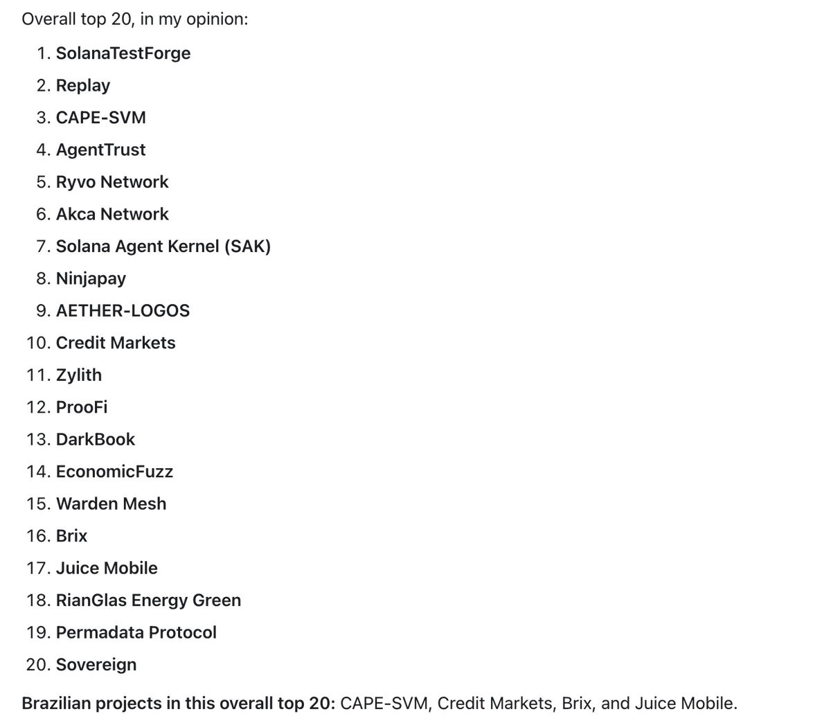 michael2xl's tweet photo. Download 2858 projects from @colosseum Frontier.
I asked the top 20 to the GPT 5.5. Funny fact, it gave the top 3 to my project globally and top 1 in Brazil.
GPT: "Iโm still putting CAPE-SVM #1 among Brazilian projects because it is the most infrastructure-level wedge: if the standard works, it can enable many private/verifiable SVM apps, not just one app category".