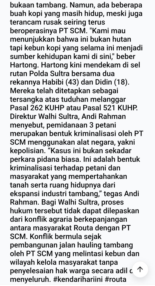 Jelli_cent's tweet photo. Nyesek..
Setiap lihat berita tanah rakyat dirampas..

Ntar itu oleh perusahaan ato bahkan lembaga negara..

Sudah dirampas tanahnya, kini jd tersangka 😣

Apakah krn bapak Hartong tidak punya sertifikat? Atau punya tp kalah kuat? 
Direktur Walhi Sultra, Andi Rahman menyebut, pemidanaan 3 petani mrpk bentuk kriminalisasi o/ PT SCM menggunakan alat negara, yakni kepolisian. “Kasus ini bukan sekadar perkara pidana biasa. Ini adl bentuk kriminalisasi terhadap petani & masy yg mempertahankan tanah serta ruang hidupnya dr ekspansi industri tambang,” 

Konflik bermula sejak pembangunan jalan hauling tambang oleh PT SCM yg melintasi kebun & wilayah kelola masy tanpa penyelesaian hak warga secara adil & menyeluruh. 

Sll negara tdk mampu membela rakyat kecil 😤