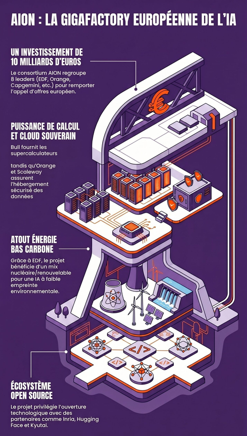lel_media's tweet photo. Bientôt une « gigafactory » européenne de l’IA en France ?

Et si l’avenir de l’intelligence artificielle européenne s’écrivait depuis la France ? 

Face à l’hégémonie technologique américaine et asiatique, huit poids lourds tricolores de la tech, de l’énergie et de la finance lancent une contre-offensive d’envergure.

Annoncé ce 20 mai 2026, le consortium inédit baptisé « AION » rassemble huit champions nationaux : Ardian, Artefact, Bull, Capgemini, EDF, le groupe Iliad, Orange et Scaleway. 

Leur objectif commun ? Porter une candidature française unifiée et ainsi remporter l’appel d’offres de l’Union européenne pour implanter une « gigafactory IA » de pointe sur le territoire français. Un projet à 10 milliards d’euros.

L’enjeu est colossal. Il s’agit de doter le continent d’une infrastructure souveraine, capable d’héberger, d’entraîner et de déployer des modèles d’intelligence artificielle à très grande échelle. Pour relever ce défi, chaque membre de l’alliance apporte une brique stratégique. Bull fournira les supercalculateurs haute performance, tandis qu’Orange et Scaleway (filiale cloud d’Iliad) déploieront les infrastructures d’hébergement. 

De leur côté, Capgemini et Artefact piloteront l’intégration de ces solutions pour les entreprises, le tout soutenu par la force de frappe financière du fonds d’investissement Ardian.

L’atout maître de la candidature française réside aussi dans l’énergie. L’IA nécessitant une puissance de calcul extrêmement énergivore, l’intégration d’EDF au projet est décisive. Elle garantit à la future gigafactory un abondant approvisionnement en électricité, compétitif et surtout bas carbone, grâce à notre mix nucléaire / renouvelable. Cet avantage permettra au consortium de maîtriser l’empreinte environnementale de cette super-infrastructure.

Ouvert sur un vaste écosystème de partenaires de la recherche et de la tech (Inria, Hugging Face, Kyutai, Quandela…), le projet AION entend privilégier les technologies open source. Plus qu’un défi technique, cette alliance industrielle marque une étape importante pour l’indépendance et la compétitivité de l’Europe dans la course mondiale à l’IA.