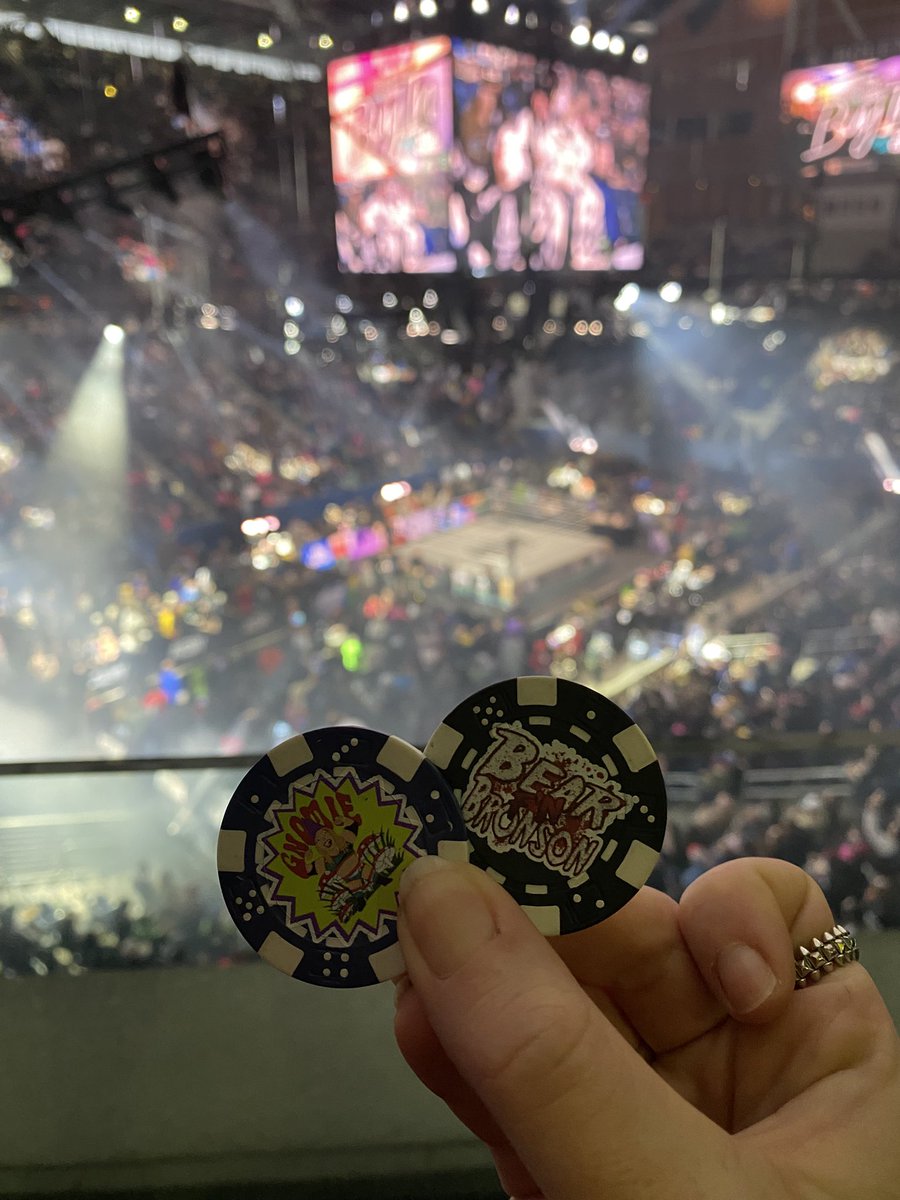 rainbow_sara's tweet photo. He might not be there anymore, but coming to a show called Double or Nothing and unintentionally finding the @bearbronsonBC and @the_gnomie  poker chips you got in Vegas seems like fate to me! https://t.co/on4j9v9eNE