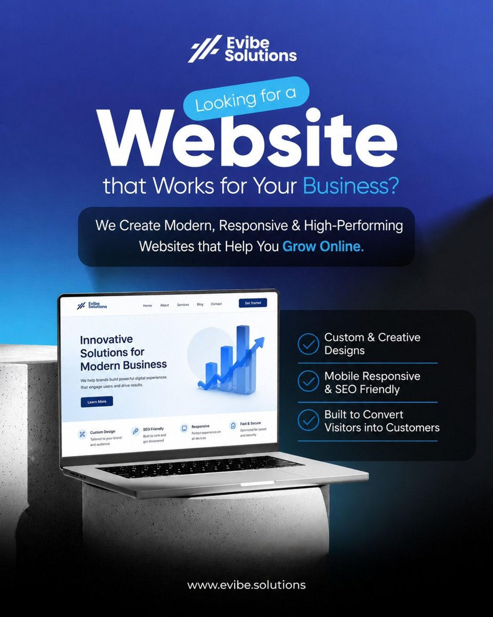 EvibeSolutions's tweet photo. Your website should do more than just look good, it should bring results. 🚀

At Evibe Solutions, we build modern, responsive, and conversion-focused websites designed to grow your business online. 💻📈

#WebsiteDevelopment #BusinessGrowth #EvibeSolutions #WebDesign https://t.co/FVS64CtjUQ