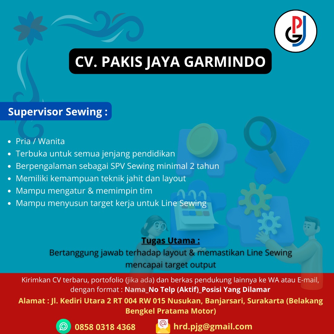 lokersoloraya's tweet photo. 📢 LOWONGAN KERJA – CV. PAKIS JAYA GARMINDO 📢

📩 Kirim CV terbaru, portofolio (jika ada), dan berkas pendukung lainnya ke:
📧 hrd.pjg@gmail.com
📱 0858 0318 4368

📌 Format:
Nama_No Telp (Aktif)_Posisi Yang Dilamar

#LowonganKerja #LokerSolo #GarmentSolo #PatternMaker https://t.co/viic9aFB8e