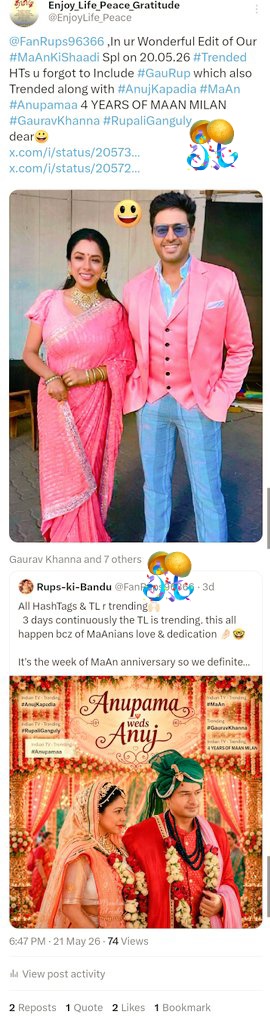 EnjoyLife_Peace's tweet photo. Wishing All #HappyMaAnDay Dears🫀
Celebrating Our Exquisite this year's #MaAnKiShaadi Anniversary Month's 4th #MaAnDay Awww Felt Lovely Seeing this Beautiful #MaAn Anniv Spl Cake&Edit on @instagram 🥹🥳🧿💓
#Anupama #AnujKapadia #Anupamaa
#RupaliGanguly #GauravKhanna #GauRup 🤗 https://t.co/vjAOhvZ4hv