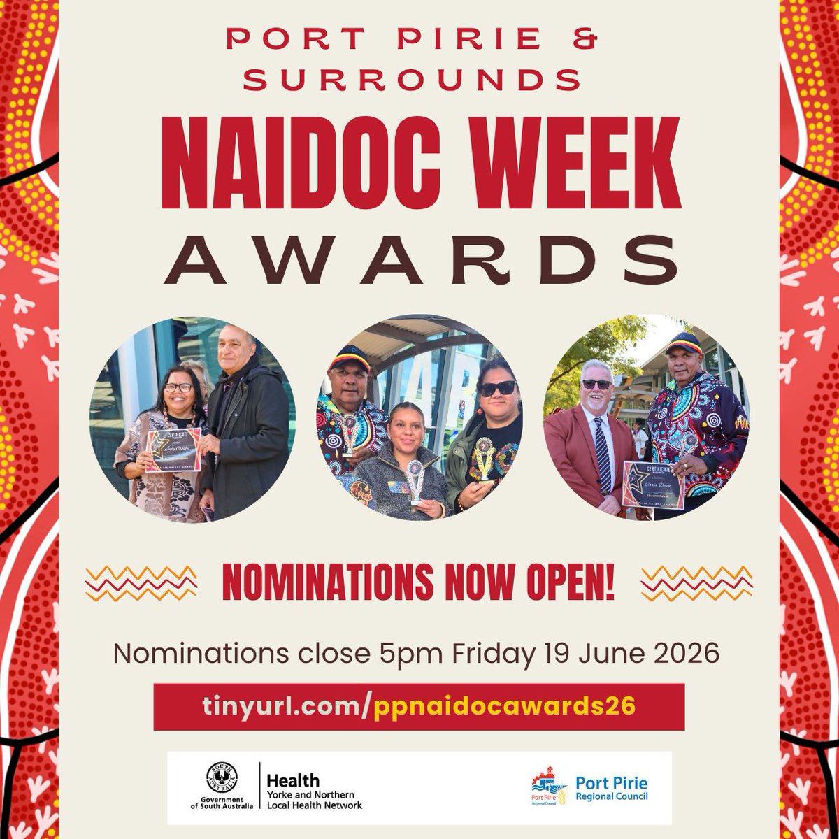PPRCSA's tweet photo. The Port Pirie &amp; Surrounds NAIDOC Awards are back - celebrating the achievements, leadership and contributions of Aboriginal and Torres Strait Islander peoples in our community!
Nominate: https://t.co/4iHBbJOgbD or pick up a form at Council's offices or Tarpari Wellbeing Centre. https://t.co/GH2CAHqJKy