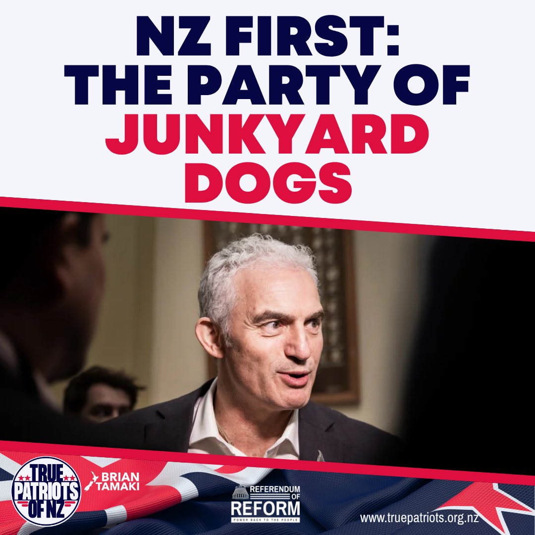 BrianTamakiNZ's tweet photo. 🚨 NZ FIRST: THE PARTY OF JUNKYARD DOGS 🚨

Today removes all doubt. These are simply the facts.

NZ First has brought this political junkyard dog back in and expects Kiwis to turn a blind eye.

NZ First is standing Stuart Nash in Napier.

Yes… the same Stuart Nash who last year made disgraceful comments towards women.
When asked to define “What is a Woman”, he described a woman as “a person with a p***y and a pair of t***s.”

He is a vulgar and repulsive man. 

All women should be in an uproar and outrage about this man coming back into Parliament again.

It shows NZ First has absolutely no regard for women if they are willing to endorse and elevate a man like this.

This is the same Stuart Nash who was later forced out of Parliament after breaching Cabinet rules and engaging in inappropriate political contacts with business leaders.

This is what New Zealand politics has become.

A rinse and repeat of recycled and retired politicians.
A junkyard of political junkies.
A Parliament full of career politicians desperately searching for another taxpayer pay-cheque and groping for power again.

What’s most insulting is that Winston Peters continually thinks Kiwis are stupid enough to forget their sins of the past.

- Forget Stuart Nash’s disgraceful conduct and comments about women.
- Forget Shane Jones’ scandals, PornGate controversies and backroom dealings.
- Forget Winston installing Helen Clark and Jacinda as PMs, backing the COVID-era Government, and signing up to globalist agendas.

Election after election, NZ First keeps recycling the same rotten apples out of the same rotten political barrel and expecting New Zealanders to accept them as fresh leadership.

NZ FIRST HAS BECOME THE PARTY OF POLITICAL JUNKIES.

Labour’s leftovers:
🔹 Shane Jones: former Labour MP 2005 - 2014
🔹 Stuart Nash: Labour MP 2014 - 2023

National’s hand-me-downs:
🔹 Winston Peters: former National MP 1979 - 1993
🔹 Alfred Ngaro: former National MP 2011 - 2020

Others grifting wherever power can be found:
🔹 Casey Costello: formerly ACT aligned, then New Conservatives
🔹 Andy Foster: council cast-off
🔹 Jamie Arbuckle: another local body grifter

Meanwhile the entire Parliament is descending into madness.

NATIONAL - stacking their party with Indian candidates while ordinary Kiwis struggle to recognise their own country anymore.

ACT - rolls out candidates like gay James Christmas

LABOUR - parades drag kings and woke gender politics.

GREENS - a radical activist movement obsessed with transgender ideology, Palestine protests and anti-Western politics.

TPM - a vehicle for Tamihere’s political mates and separatist grievance politics.

And all of them wonder why trust in politicians is collapsing.

This Parliament scrapheap is screaming to be terminated.

The whole system is rotten.

Political reptiles.
Political chameleons.
Snakes shedding their skin every election cycle looking for a fresh party to suck the life out of.

This is why New Zealanders are checking out of politics altogether.

Because the public no longer sees leaders.
They see charlatans.

The political establishment isn’t serving the people anymore.
They serve and preserve themselves.

And Kiwis are getting ready to slaughter the system by a Ballot Box Revolution.
More info to come...

Sign the Referendum of Reform: https://t.co/C4fYvCxdHm