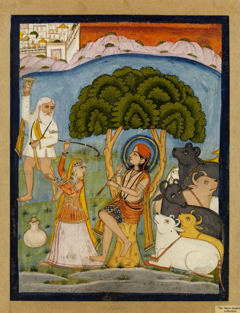 ThethPanjabi's tweet photo. A rare Sikh-era painting depicting the lovers Heer-Ranjha with Qaido to the left, ca.1840. https://t.co/asAc65vyen