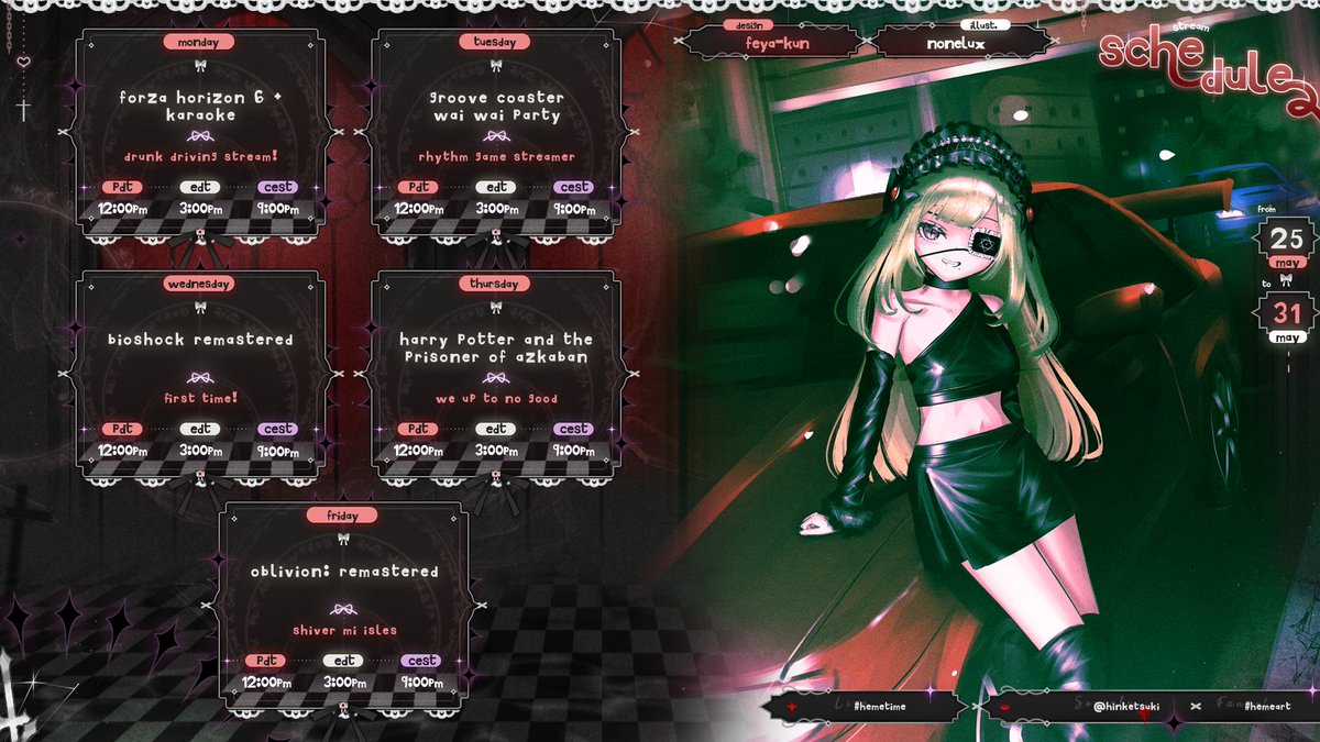 Hinketsuki's tweet photo. ꒷꒦⛧˖° May 25 - May 31 ⋆｡𖦹꒷꒦ 🩸 

🗓️ #heMeTime
Starting the week off with some drunk driving (in-game) and karaoke! 🎤
My new controller came in, so let's do some rhythm gaming! 👾
First time Bioshock as well 🎮

Let's have lots of fun this week, Donors!~ https://t.co/IHOzOvtjAG