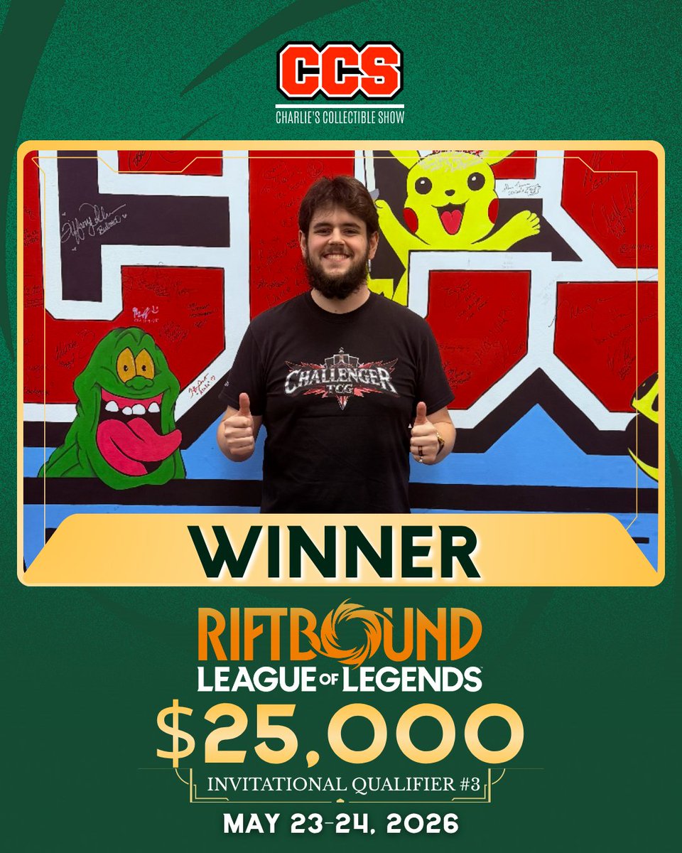 CCS_Atlanta's tweet photo. Congratulations Daniel from @Challengertcg in winning this weekend's CCS Riftbound $25K Qualifier 3 tournament! Thank you for the amazing players spending this weekend at CCS. Congrats on getting the invitational! See you July 11-12 for Qualifier 4!

📅 May 23-24
📍 6009 Memorial Dr Unit 14, Stone Mountain, GA 
🎟️ FREE Entry + FREE Parking 
.
#CharliesCollectibleShow #atlanta #riftbound #tcgtournament #leagueoflegends
