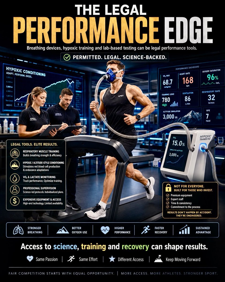 russellsetright's tweet photo. Legal “Doping”: The Performance Edge Money Can Buy.

When we talk about performance enhancement in elite sport, most people think of banned drugs are steroids, EPO, blood doping, stimulants and masking agents.
But there is another side to the discussion: legal performance enhancement.

Many elite athletes legally use methods that may improve performance, including caffeine, creatine, beta-alanine, sodium bicarbonate, beetroot juice/dietary nitrate, carbohydrate gels, protein recovery strategies, hydration plans, altitude training and hypoxic training.

The Australian Institute of Sport lists several of these including caffeine, creatine, beta-alanine, dietary nitrate, sodium bicarbonate and glycerol as Group A performance supplements, meaning they have evidence for specific sporting situations when used correctly.
None of this is cheating when done within the rules. WADA defines what substances and methods are banned, and the prohibited list is updated each year.

But here is the fairness question.
Elite athletes with sponsors, sports scientists, dietitians, altitude camps, recovery technology, blood testing, sleep monitoring, physiotherapy and carefully timed supplements may have a major advantage over the average athlete.

A local athlete may be training before work, paying for their own shoes and supplements, driving themselves to events, and trying to recover while working full-time.
So while legal performance enhancement is not illegal doping, it can still widen the gap between athletes with money, technology and professional support and those without it.

In modern sport, the difference between winning and losing may not only be talent, dedication and genetics.
It may also be access.
Access to science.
Access to recovery.
Access to nutrition.
Access to altitude.
Access to coaching.
Access to funding.
That does not make elite athletes cheats.

But it does remind us that clean sport and equal sport are not always the same thing.
Legal does not always mean equally available.

Illegal drug use in sport is also difficult to measure because testing only detects a small proportion. Anonymous elite-athlete research suggests true doping use may be several times higher than official positive-test rates, with one U.S. elite-athlete study estimating prohibited substance or method use at about 6.5–9.2%.

Reference:
Doping Prevalence among U.S. Elite Athletes Subject to Drug Testing under the World Anti-Doping Code. Sports Medicine - Open. 2024 May 20.
#sport #athletics #performanceenhancement #cleansport #sportsnutrition #caffeine #creatine #altitudetraining #eliteathletes #fairnessinsport