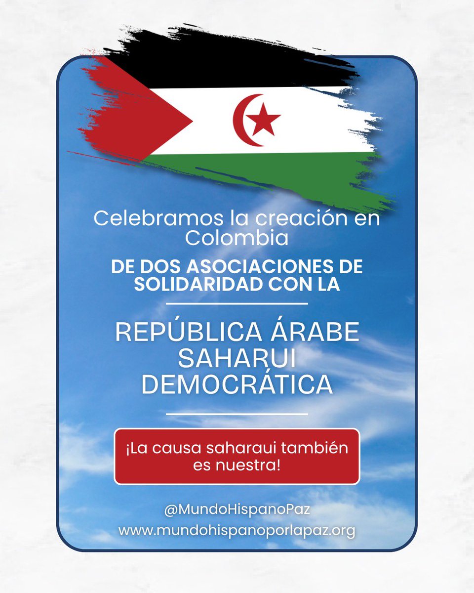 MundoHispanoPaz's tweet photo. 🇪🇭🤝🇨🇴 ¡La solidaridad con el pueblo saharaui crece en Colombia!

En el 53° aniversario del inicio de la lucha del Sáhara Occidental, celebramos el nacimiento de dos nuevas asociaciones: Solidaridad RASD Colombia y una asociación de estudiantes y profesores de la Universidad Tadeo. Ambas se suman a la incansable labor de la Asociación Colombiana de Amistad con el Pueblo Saharaui.

🌍 Desde Mundo Hispano por la Paz saludamos este paso firme hacia la justicia, la memoria y la hermandad entre pueblos de habla hispana. ¡La causa saharaui también es nuestra!

#SáharaOccidental #RASD #SolidaridadHispana #Colombia #DDHH #Paz