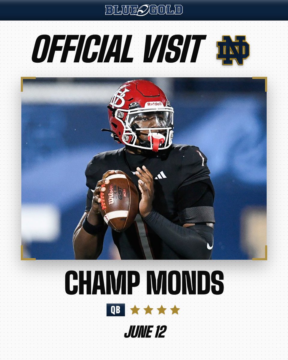 MikeTSinger's tweet photo. Notre Dame QB commit Champ Monds is scheduled to officially visit on June 12, he announced on social media ☘️ 

Monds picked the Irish over Florida State and Ohio State earlier this month.

https://t.co/QRJ6rE5bgm https://t.co/8QxtU15J8Y