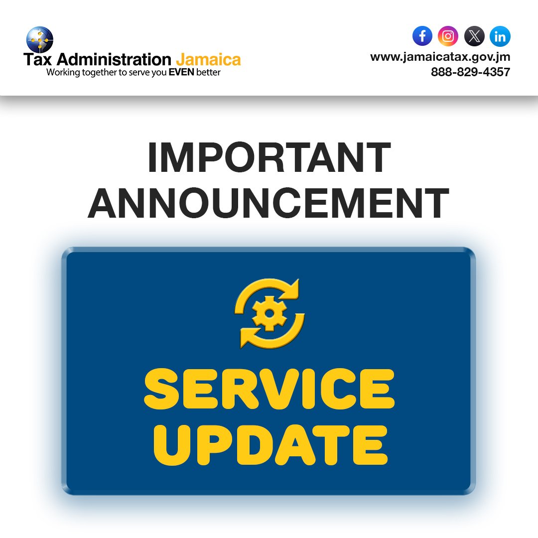 JamaicaTax's tweet photo. 🚨 SERVICE UPDATE 🚨
The maintenance activity scheduled for today, Sunday, May 24, did not require any interruption to RAIS services.
Customers may continue accessing RAIS services, including online motor vehicle registration, via https://t.co/tMLD6BnRcG.

#TeamTAJ #ServiceUpdate https://t.co/bkZuhEMmE3