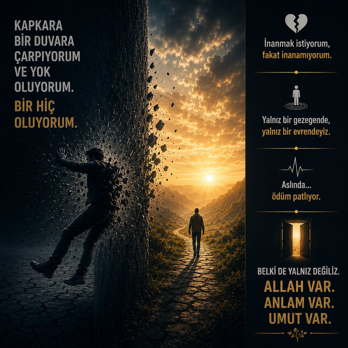 adnansimsek111's tweet photo. Izdırabımı Anlayamazsın

“İnsan bazen ölümden değil,
 yok olup gitmek düşüncesinden ürperiyor.”
 ⋯ ❖ ⋯

Hayatı anlamsız bulan,
 ölümden sonra hiçbir şey olmadığına inanan bir insanın iç dünyasında nasıl bir karanlık oluşabileceğini, bazı itirafları okuyunca daha iyi anlıyor insan...

Bir yazıda,
 ateist bir Fransız gazetecinin Türk meslektaşına söylediği şu sözler uzun süre zihnimden çıkmamıştı:

“Bak Cemal…
 Sen Allah’a ve ahirete inanıyorsun.
 Ölümün bir son olmadığına inanıyorsun.
 Bu yüzden sen benden daha huzurlusun.”
Bir süre sustuktan sonra devam etmişti:
“Benim için ölüm ne biliyor musun?
 Kapkara bir duvara çarpıyorum…
 ve yok oluyorum.
 Bir hiç oluyorum.”
Sonra,
 insanın içine işleyen şu cümleyi kurmuştu:
“Bunun ne kadar acı verici olduğunu
 sen anlayamazsın…
 Ben inanmak istiyorum,
 fakat inanamıyorum.”
Bu sözlerde yalnızca bir fikir değil,
 bir insanın iç yarası hissediliyordu.
Çünkü insan, yalnız yaşamayı değil, sonsuzluğu da arıyor.
Ve ölüm karşısında:
sevilmek,
unutulmamak,
yok olmamak,
anlamlı olmak istiyor.
***
Bir başka ateist fotoğraf sanatçısı ise,
 modern insanın içine düştüğü yalnızlığı şöyle anlatıyordu:
“Bize,
 yalnız bir gezegende yaşayan
 rastgele oluşmuş canlılar olduğumuz söylendi.”
Sonra şu cümleyi ekliyordu:
“Bu düşüncenin ne kadar yıkıcı olduğunu artık anlayabiliyorum.”

Ne kadar dikkat çekici…
Çünkü insan ruhu,
 kendini:
amaçsız,
sahipsiz,
tesadüfi,
yalnız
hissettiğinde,
 içindeki birçok şey sessizce çökmeye başlıyor.

***
Bir televizyon programında,
 ateistliğiyle tanınan bir bilim insanına sordular:
— “Ölümden korkuyor musunuz?”
Bir an durdu.
Sonra:
“Eskiden korkardım…
 galiba alıştım.” dedi.
Kısa bir sessizlik oldu.

Ardından içindeki hakiki duyguyu itiraf etti:
“Aslında…
 öd��m patlıyor.”
İnsan bazen,
 alıştığını söylediği şeylerden bile korkmaya devam ediyor.
Belki de insanın en büyük ihtiyacı:
 yalnızca yaşamak değil…
Yaşadığının:
anlamlı olduğunu,
boşuna olmadığını,
sevildiğini,
unutulmayacağını
hissedebilmek.
Çünkü insan ruhu, yalnız ekmekle değil,
 umutla da yaşıyor.
Ve bazen insan,
 en derin karanlığın içinde bile
 şu soruyu sormadan duramıyor:
“Ya gerçekten yalnız değilsem?”
Belki de bazı arayışlar,
 tam burada başlıyor.