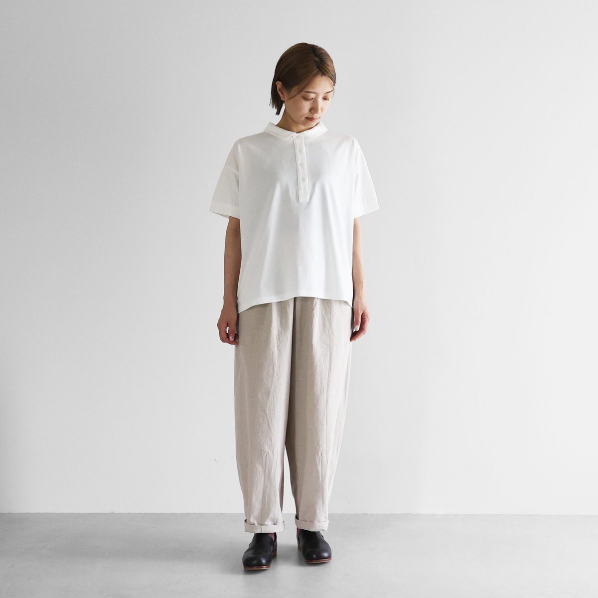 HUIS in house］SUVIN COTTON半袖ポロカットソー(ホワイト) 綿素材には