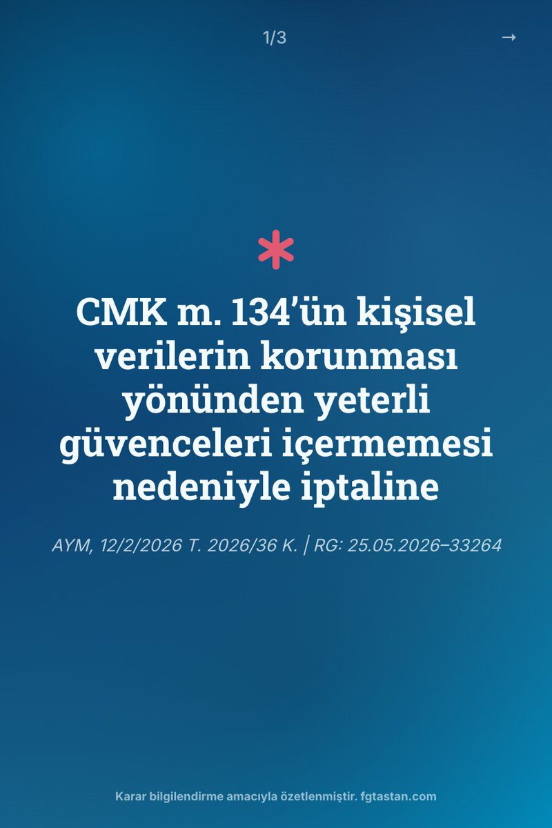 fgtastan's tweet photo. Anayasa Mahkemesi, adli bilişim incelemelerinin temelini oluşturan CMK m. 134 hükmünü iptal etti.

Gerekçe: Hükmün kişisel verilerin korunması yönünden yeterli güvenceleri içermemesi. https://t.co/seAiESiUVY