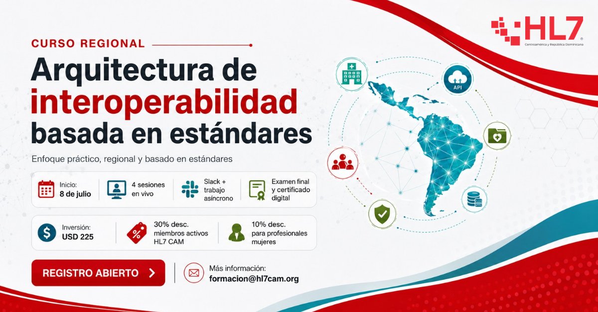 RECAINSAnetwork's tweet photo. 🚀 ¡Registro abierto!

Lanzamos el curso regional Arquitectura de interoperabilidad basada en estándares, organizado por @HL7CAM y @RECAINSAnetwork .

Una formación práctica sobre OpenHIE, HL7 FHIR, APIs, terminologías, gobernanza y regulación para fortalecer ecosistemas de interoperabilidad en salud.

📅 Inicio: 8 de julio
💻 Modalidad virtual
🎓 Certificado digital RECAINSA + HL7 CAM
💵 Inversión: USD 225
✅ 30% desc. miembros activos HL7 CAM
✅ 10% desc. profesionales mujeres
📩 Info: formacion@hl7cam.org
#HL7CAM #RECAINSA #Interoperabilidad #SaludDigital #HL7FHIR #OpenHIE