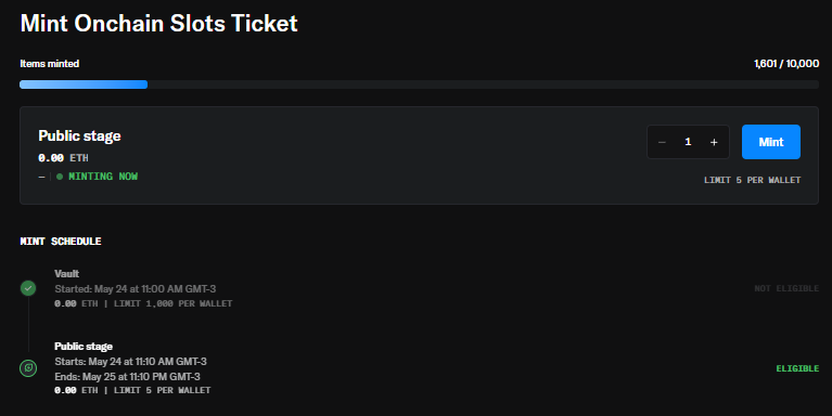 onchainslots's tweet photo. 🎰 1,601 / 10,000 Minted! 🎰

The journey is getting closer to the big reveal.

Once sold out, the 5 rarities will be revealed, and the new feature on our website will go live, allowing holders to enter their ticket and check if they’ve won a guaranteed spot for our next collection:

🔥 Onchain Slots Pass
Supply: 77
Freemint
⚡ Mint limit increased to 5 per wallet
🎟️ Free Mint on OpenSea
https://t.co/dgUedeX34f

🌐 A little more about the project:
https://t.co/rw3qRKVmOy

Onchain Slots Neon is a fully decentralized, fully on-chain NFT slot machine built on Ethereum. Every spin happens directly through the smart contract: mint unique neon SVG NFTs, trigger refunds, or win ETH from the community prize pool.
All artwork is generated and stored 100% on-chain, no IPFS, no centralized servers. With a self-sustaining economy, dynamic mint pricing, burn-to-spin mechanics, legendary NFT bonuses, and automatic phase adjustments, Onchain Slots transforms every spin into both entertainment and real onchain value.

⚡ Pure neon. Pure onchain. Pure slots.