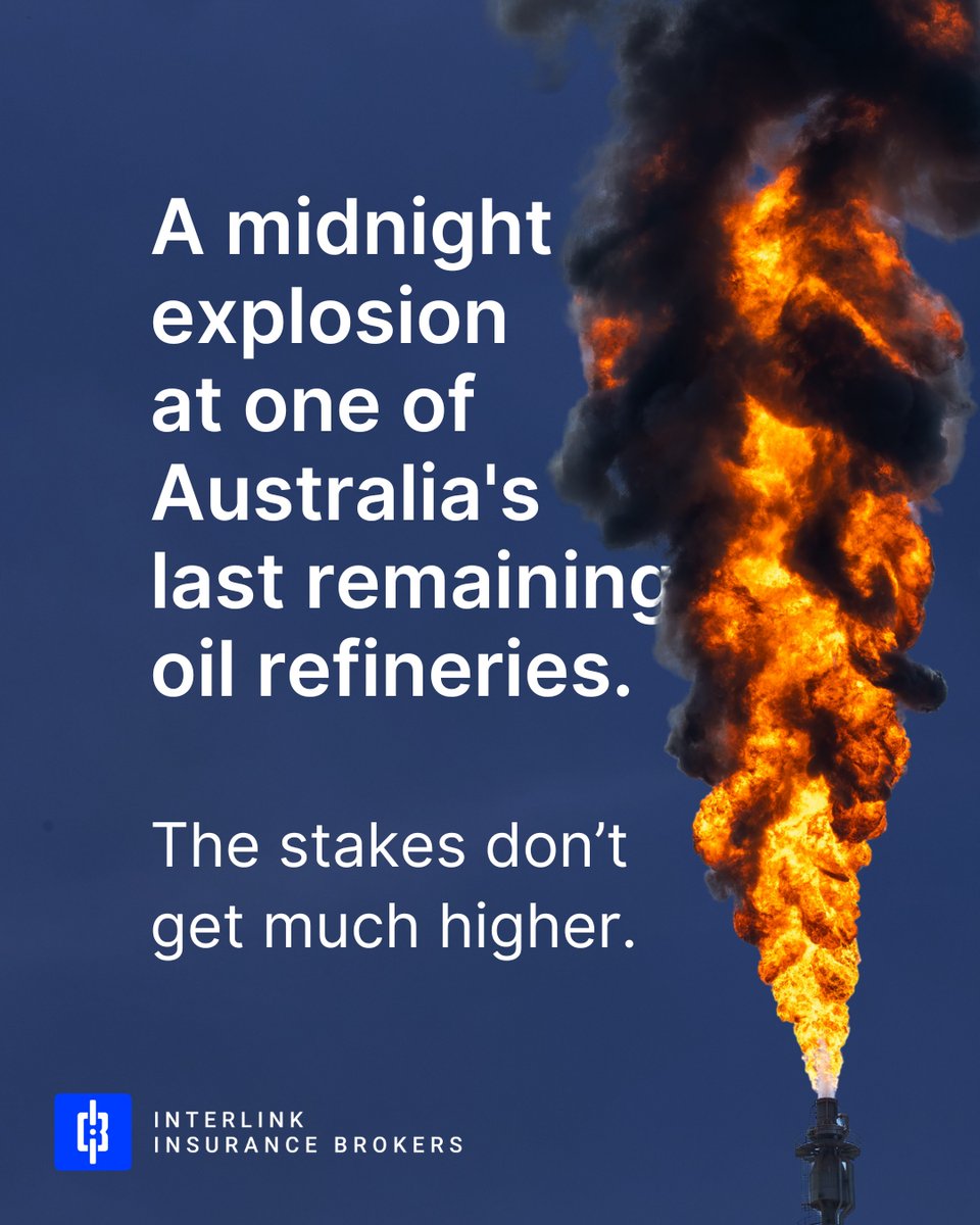 InterlinkAU's tweet photo. One of two oil refineries left in Australia, offline in an instant. No injuries, but plenty of structural damage.

Within days, an ASX announcement confirmed: property and business interruption cover in place ✅

If your fire alarm went off tonight, would you be covered? https://t.co/EX1QN3BQhw