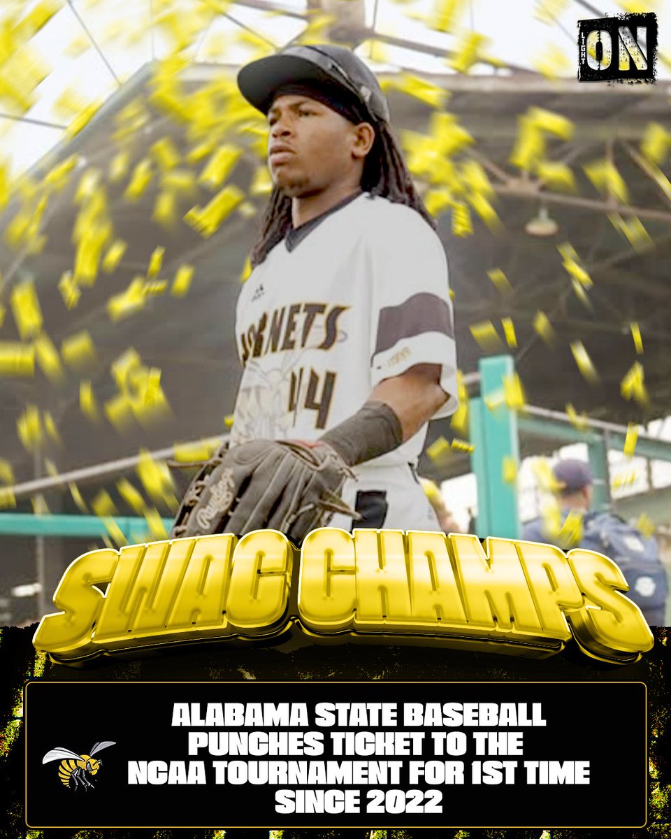 LightOnSports's tweet photo. The Alabama State Hornets are 2026 SWAC Baseball Tournament Champions! 🏆🐝

They are headed to the NCAA Baseball Tournament for the first time since 2022. 

#SWARMAS1 @BamaStateBB https://t.co/CHAAjlBtgF