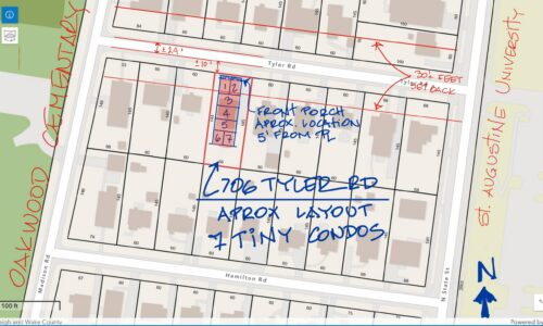 TimDNiles's tweet photo. @allTshirtsGot @lambertmeltonnc you should see the side view. It's 7 condos on 1 small lot. You are only seeing 2 of them from the front in the image above. The neighbors have real, legit concerns other than "character". https://t.co/9PR6Szo3w3