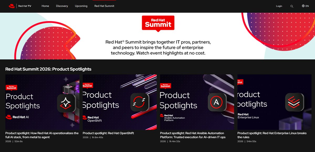 spchildren's tweet photo. Red Hat Summit 2026での各ProductのSpotlights セッションが公開されましたー。

海外事例など盛りだくさんで紹介されています。
#RedHatSummit
https://t.co/NLIQNWVQSS https://t.co/s3G2Ikg22E
