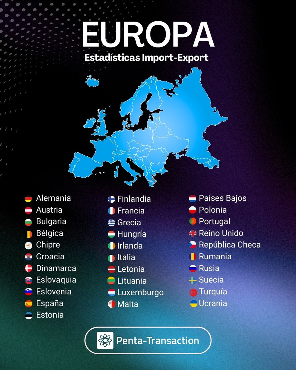 PTransaction's tweet photo. 🌐#Europa en @PTransaction

📊 Estadísticas #Import #Export de 3⃣1⃣ países.

ℹ️ Completa información para tomar mejores decisiones de comercio exterior.

👉 Solicitar 𝐃𝐄𝐌𝐎 gratis: https://t.co/a7FrIMhwGn https://t.co/UM9NXEpWjS