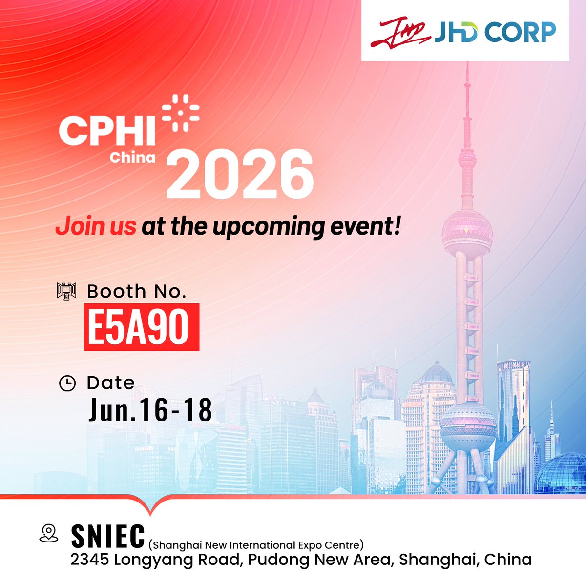 JhdCorp's tweet photo. ✨ Mark your calendars✨
JHD CORP is thrilled to invite you to CPHI China 2026 in Shanghai! 🇨🇳
🗓️ Date: June 16-18, 2026
📍 Booth: E5A90 | Venue: SNIEC, Shanghai
Come meet our team face-to-face to explore our premium plant extract solutions
#CPHIChina2026 #PharmaExpo #JHDCorp https://t.co/xZZn8LGvDo