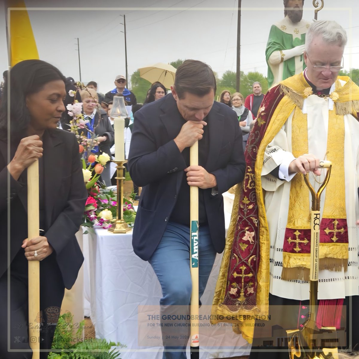 StPatricksBR's tweet photo. "With faith in Jesus Christ, this work is begun and this ground is broken in the name of the Father, and of the Son, and of the Holy Spirit. Amen!"

Our blessing and groundbreaking ceremony has taken place. The construction of our new place of worship will soon be underway! https://t.co/ykr4XElcdy
