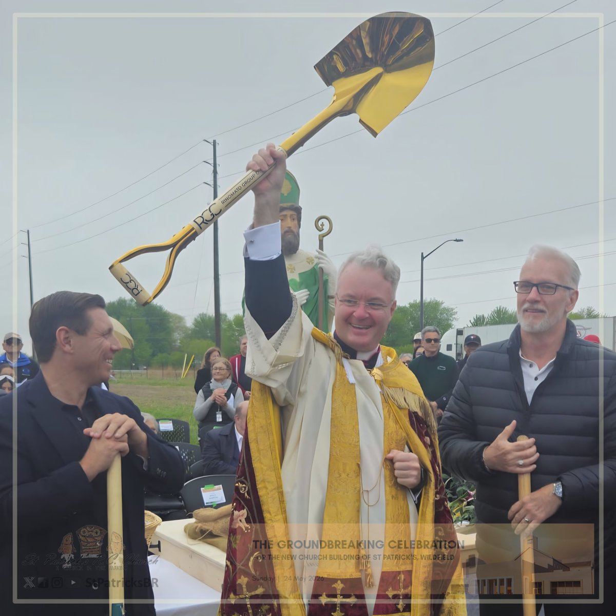 StPatricksBR's tweet photo. "With faith in Jesus Christ, this work is begun and this ground is broken in the name of the Father, and of the Son, and of the Holy Spirit. Amen!"

Our blessing and groundbreaking ceremony has taken place. The construction of our new place of worship will soon be underway! https://t.co/ykr4XElcdy