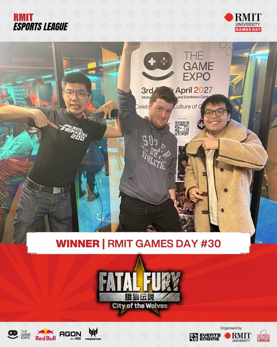 RMITGamesDay's tweet photo. Big congrats to the Fatal Fury: City of the Wolves champions at RMIT Games Day #30 🐺🔥

🥇 @3rdstrikeplayer 
🥈 @Chococlass33
🥉 @JulianFGC 

Sponsored by:
@AGONbyAOC @TheGameExpo @redbull @PredatorGaming @IntelANZ

#CWleague https://t.co/HrlNkgHheY