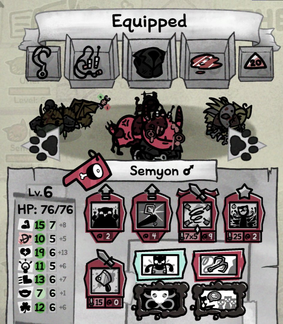 zipuli0's tweet photo. Finally rolled Immortal disorder syringe and just happened to have Munchausen by Proxy syringe too. Decided to go nuts with it since I had Leather Jacket and Bulletproof Vest too.  Semyon almost ended up solo'ing the last boss of the Future section of Act 3. #Mewgenics https://t.co/tg5yZwTmvH