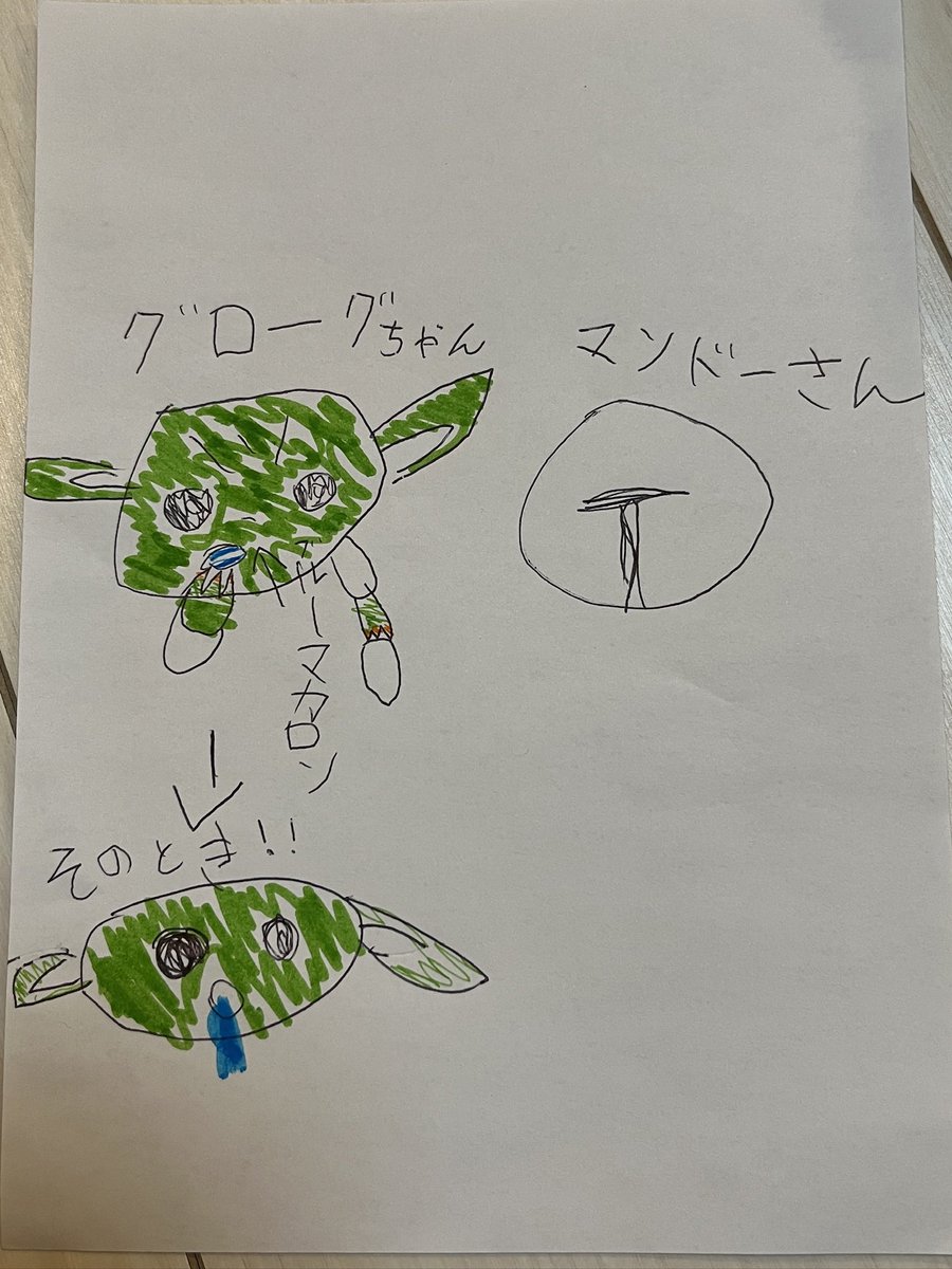 marika_a_a's tweet photo. 5歳児と一緒に見たけどグーちゃん可愛いと喜んでました。
5歳児作グローグーとマンドー（グローグーが左手に持ってるのはマカロンの袋） https://t.co/ERgfQB4ZXz