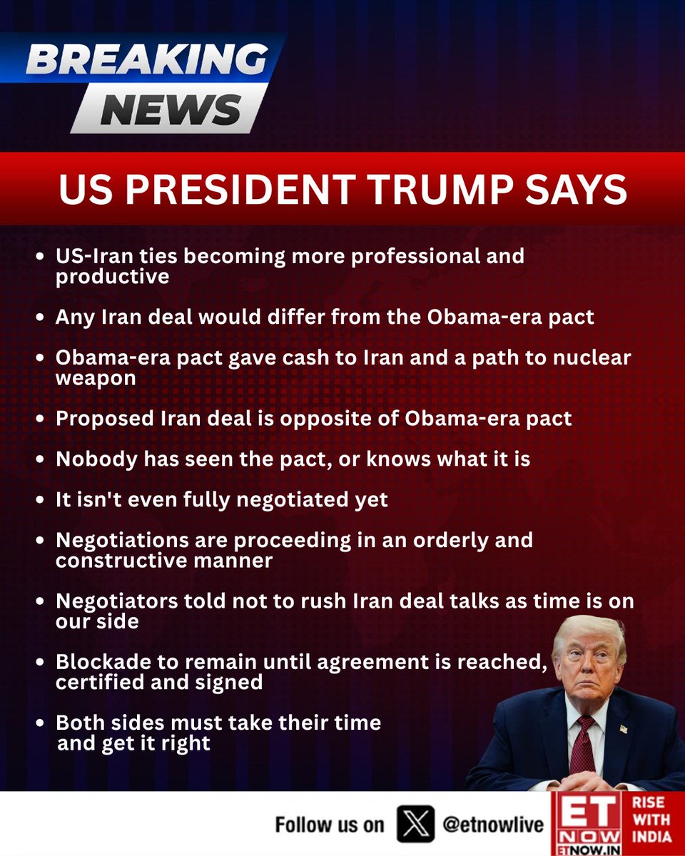 ETNOWlive's tweet photo. #NewsAlert | Trump says US-Iran nuclear deal talks are progressing constructively, but warns negotiators not to rush
#USIranTalks #TrumpOnIran #IranNuclearDeal #USTrump #IranDeal https://t.co/igewoWSMMf