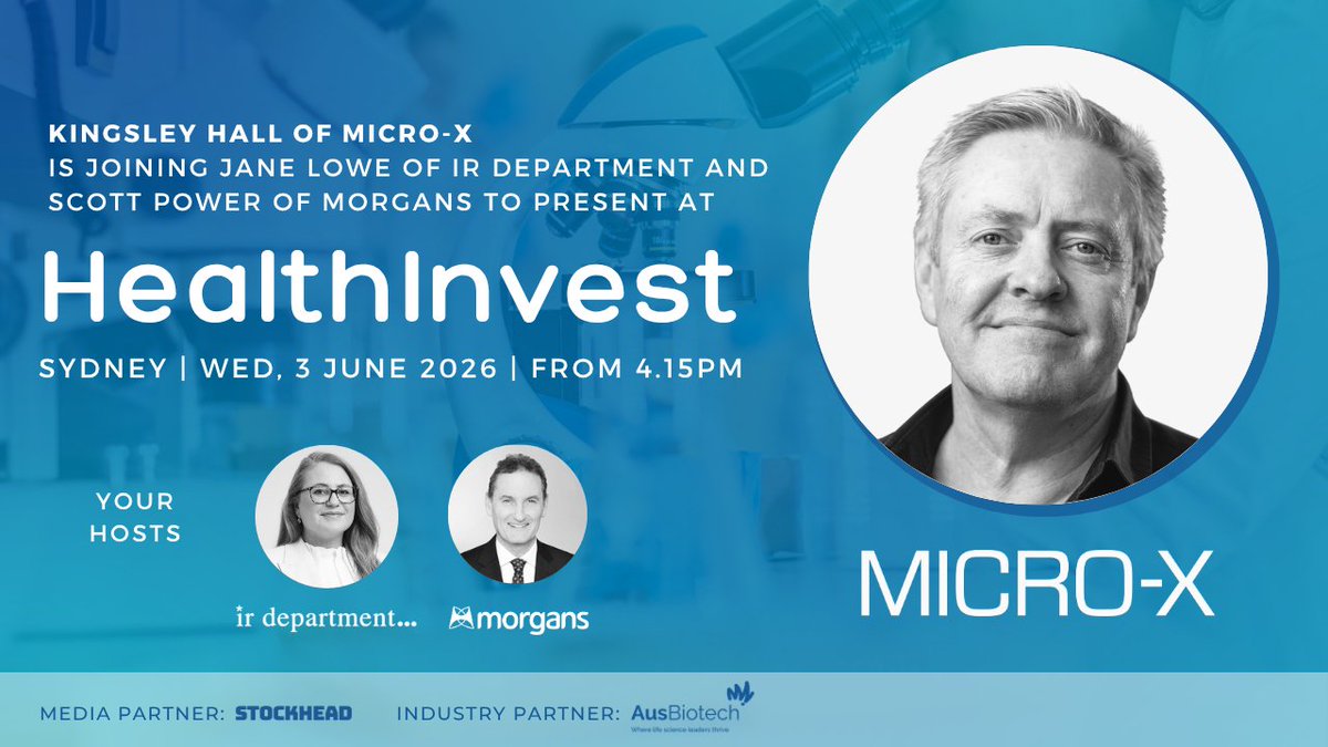 Micro__X's tweet photo. Micro-X CEO Kingsley Hall will present at #HealthInvest in Syd, Wed 3 Jun hosted by @ir_department, @morgansAU, @StockheadAU &amp; @AusBiotech. Kingsley will share how $MX1 is changing health &amp; security imaging with advanced Nano Electronic X-ray technology. https://t.co/rn11bfklId https://t.co/KNHEyHu0k4