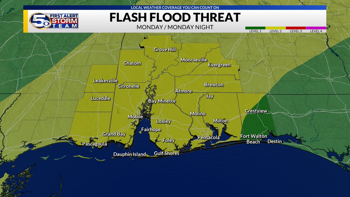 WKRGEd's tweet photo. We are watching for a wet memorial day with more showers and thunderstorm chances. Flash flooding is also a concern the next couple of days especially more in the inland counties. https://t.co/ApbKD0Tc7C
