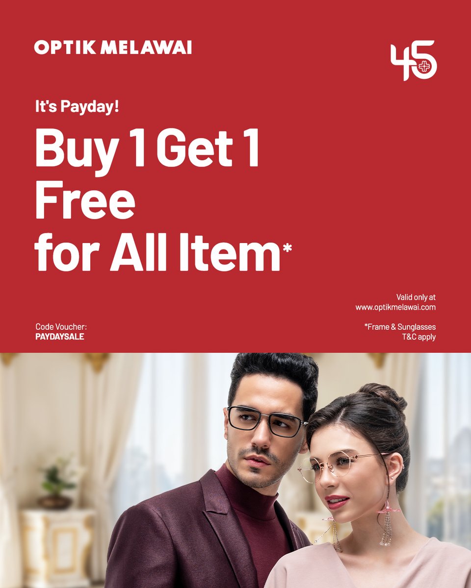 optikmelawai's tweet photo. PAYDAY = BUY 1 GET 1 promotion for frame and sunglasses.
Valid only at https://t.co/pzekAwqPc4 until May 27, 2026.

T&amp;C apply
click: https://t.co/gHsmxdcQkg https://t.co/p1c2Gf6Zzy
