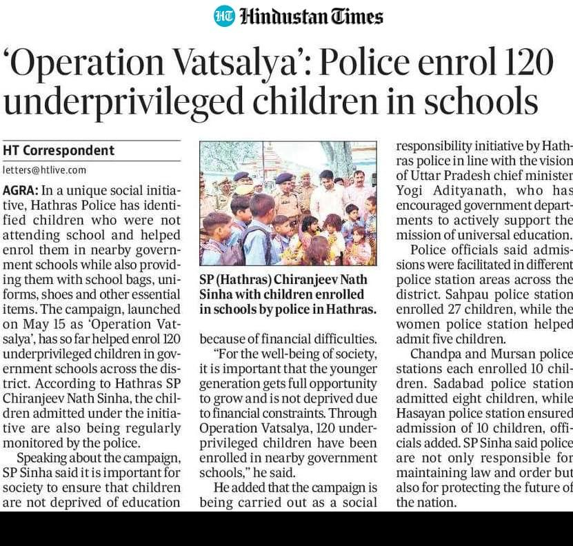 Uppolice's tweet photo. Hathras Police’s finest FIR: Future, Inclusion and Responsibility-

Under Operation Vatsalya, @hathraspolice helped 120 underprivileged children get admitted to government schools and supported them with uniforms, shoes and other essentials.

A sensitive initiative that proves policing is also about prevention—preventing lost childhoods and protecting bright futures.

#UPPolice #UPPCares
#OperationVatsalya