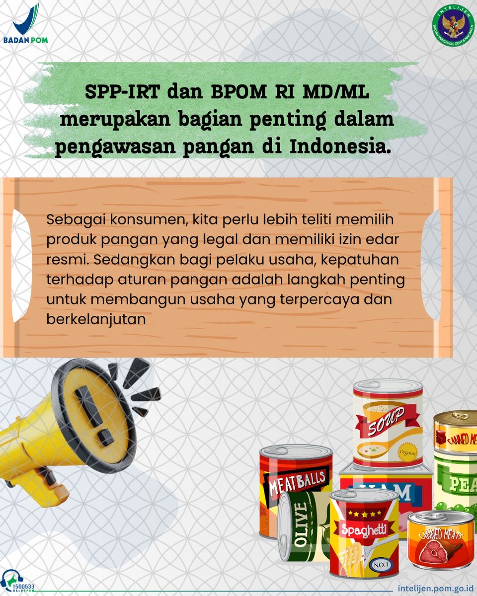 intelijenbpom's tweet photo. ✅ SPP-IRT: Khusus UMKM/skala rumah tangga dengan teknologi sederhana dan risiko produk rendah. Izinnya diterbitkan oleh Pemerintah Daerah.
✅ BPOM MD/ML: Untuk industri menengah ke atas, teknologi lebih kompleks, dan bisa digunakan untuk produk impor (ML).

#KeamananPangan #BPOM https://t.co/hhigias6TW