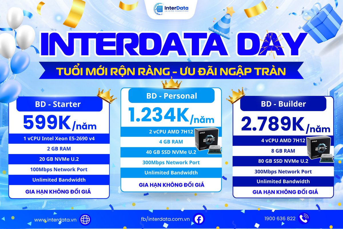 Interdatavn's tweet photo. 🔥🔥ƯU ĐÃI INTERDATA DAY - VPS AMD HIỆU NĂNG CAO 

Cột mốc 5 năm xây dựng và phát triển hạ tầng số cho doanh nghiệp và cộng đồng công nghệ Việt Nam. InterData tung nhiều ưu đãi VPS AMD EPYC hiệu năng cao, gia hạn không đổi giá

👉Xem ngay: https://t.co/U6N9hYfRIP https://t.co/xCK6SIFlEI