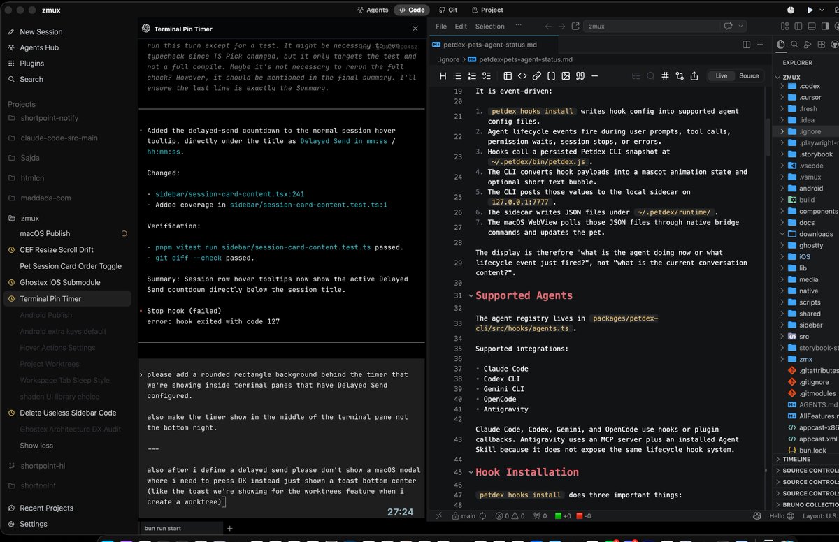 maddada's tweet photo. @jturntdev 100% agree. That's why I made @ghostex_dev 
It's basically Codex App's UX/Features but with Agent CLI instead of the chat Interface. Tons of features to make using CLI nicer. Has apps to remote connect to all sessions.
Worked hard on it for months, would love your thoughts. https://t.co/TcflOwIEoi