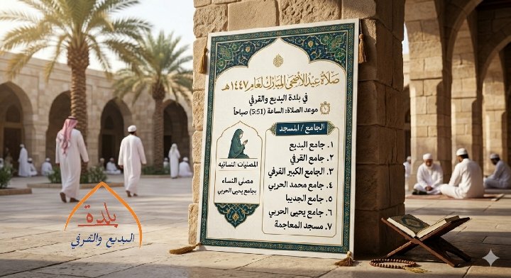 town_B_Q's tweet photo. الجوامع والمساجد التي ستقام فيها صلاة عيد الأضحى المبارك لعام ١٤٤٧ هـ في البديع والقرفي علماً أن صلاة العيد ستقام في تمام الساعة (5:51) دقيقة صباحاً
✨ تقبل الله منا ومنكم صالح الأعمال، وعساكم من عواده ✨
🎈 وكل عام وأنتم بخير 🎈 https://t.co/pGhKGvztCt