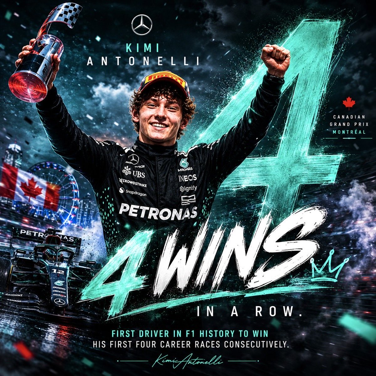 cfmagindia's tweet photo. ICYMI: Last night, Mercedes turned Montréal into a civil war. ⚔️🇨🇦

Russell had pole, the Sprint win and the race lead… before a heartbreaking retirement handed Kimi Antonelli his FOURTH straight victory.

And with it, Antonelli becomes the first driver in F1 history to have his first four career wins come consecutively. 🩶

#CanadianGP #F1 #KimiAntonelli