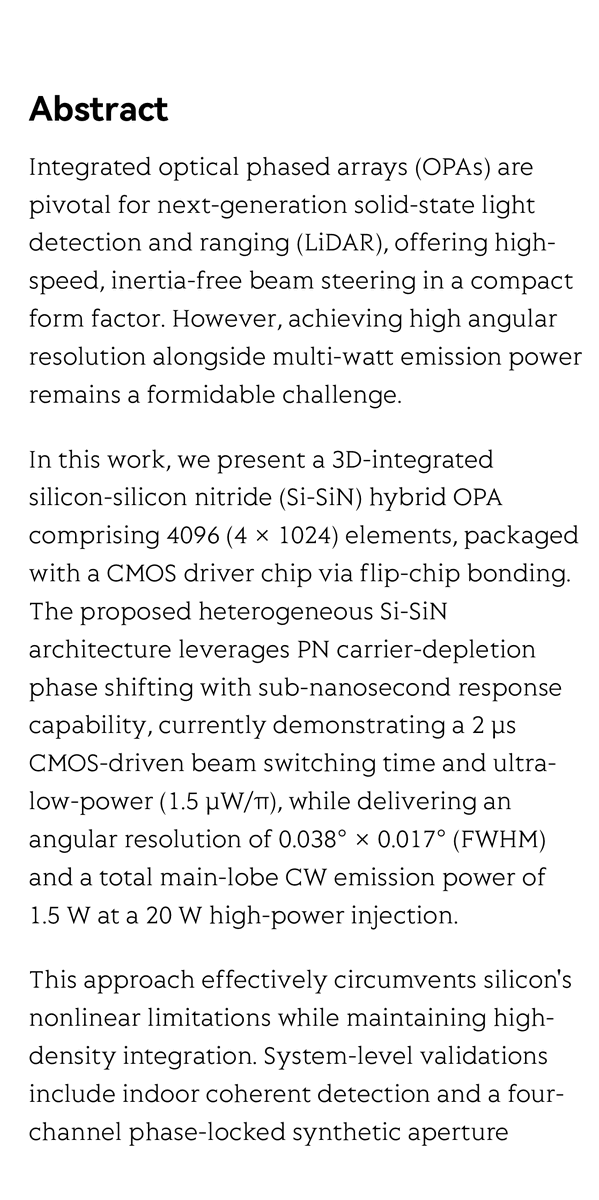 pubcard_net's tweet photo. "A 4096-element 3D-integrated Si-SiN optical phased array for high-power coherent LiDAR", a research paper in Opto-Electronic Technology @OptoElectronAdv View original article https://t.co/0cI3eUKEuR https://t.co/L2WlLFg1Xa