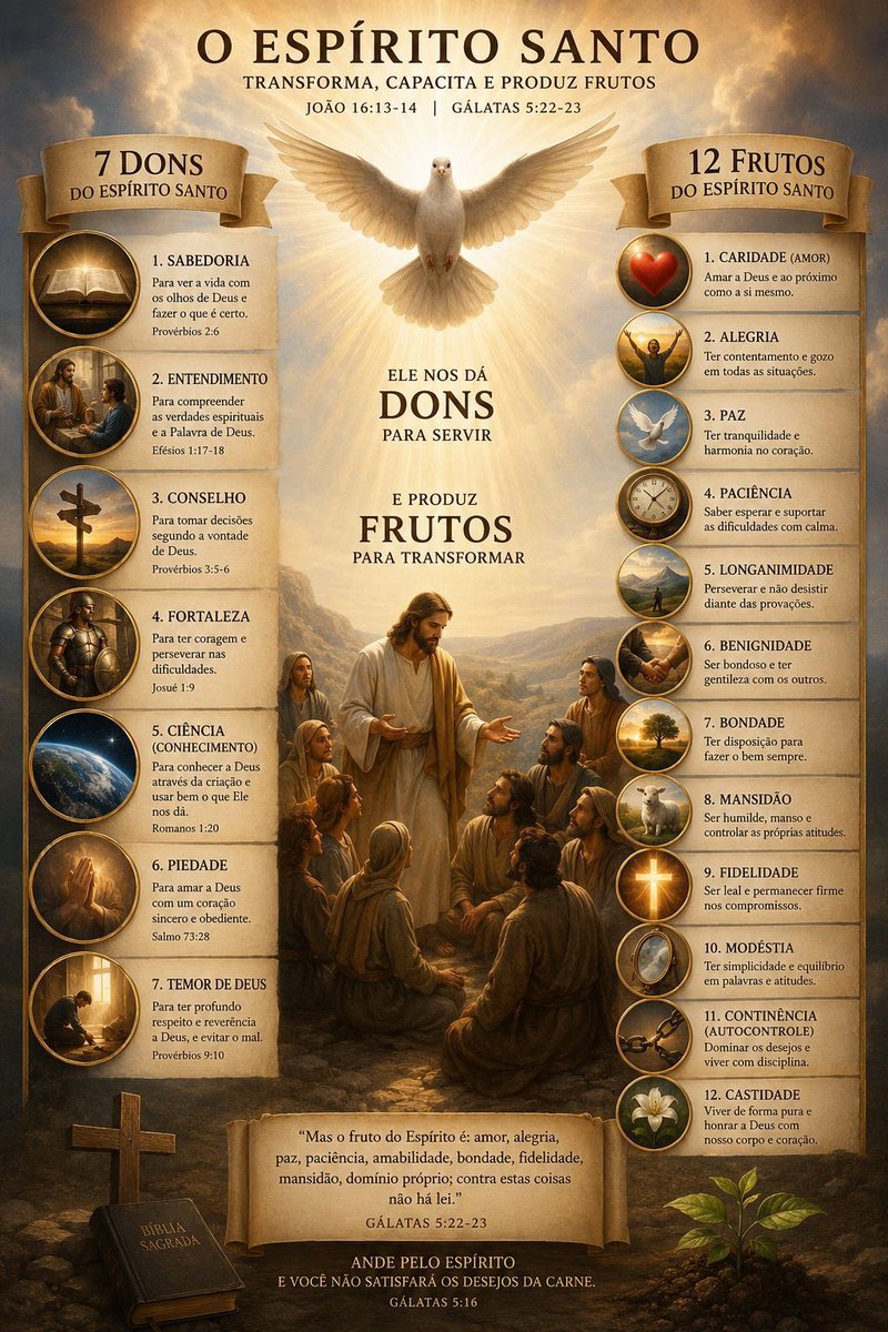 RogerEves's tweet photo. Hoje é dia de Pentecostes, o dia que Deus escolheu para nos presentear com a presença eterna do Espírito Santo! Segue um breve resumo dos 
- 7 Dons que devemos pedir a Ele e dos 
- 12 Frutos que devemos buscar realizar em nossas vidas! https://t.co/WVYFTeEO10