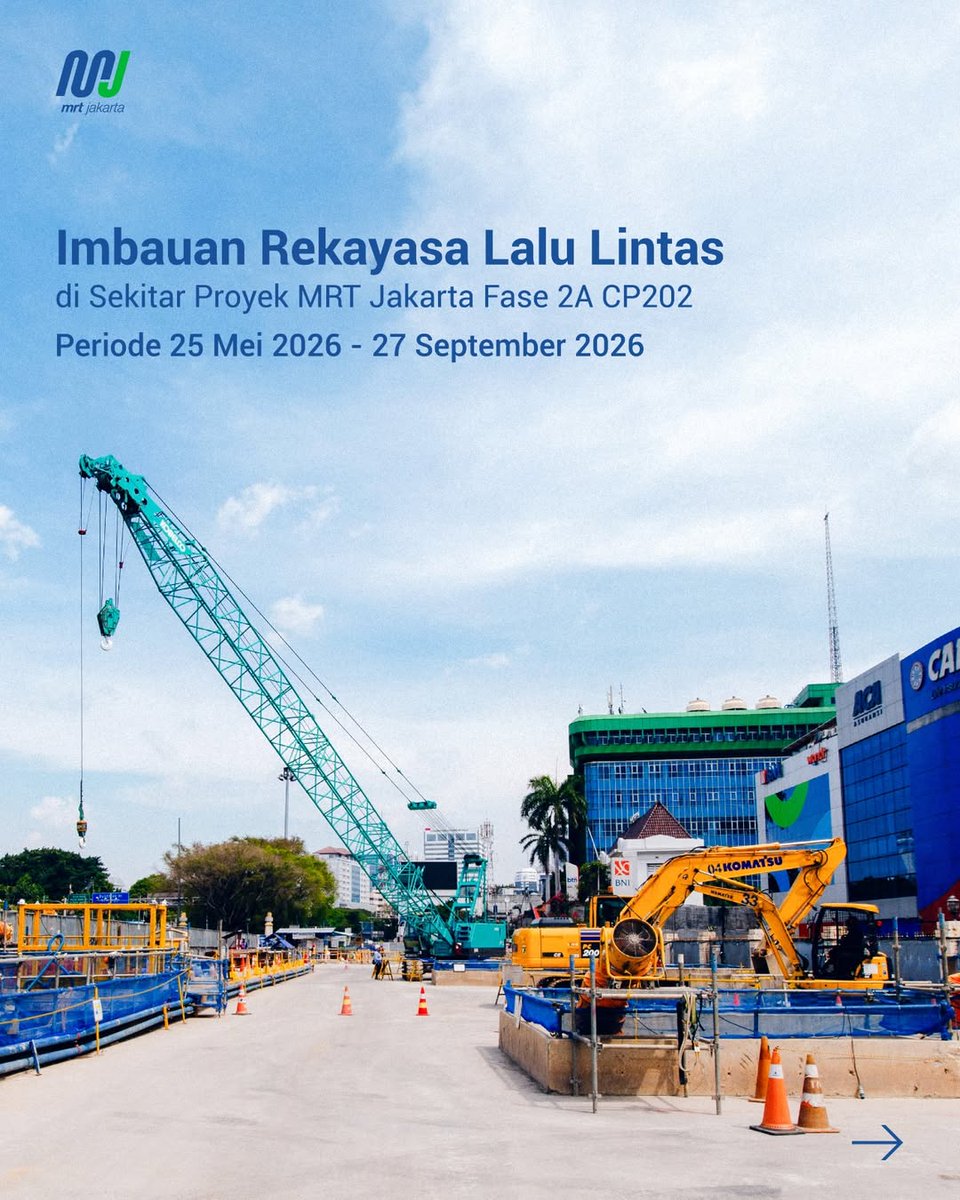 mrtjakarta's tweet photo. Terhitung mulai 25 Mei 2026 hingga 27 September 2026, akan dilakukan rekayasa lalu lintas, di area stasiun Harmoni. Hal ini perlu dilakukan sebagai bagian dari tahapan pekerjaan pada stasiun tersebut yang menjadi bagian dari paket kontrak CP 202 fase 2A MRT Jakarta.

Proyek MRT Jakarta Fase 2A CP202 merupakan salah satu segmen pekerjaan konstruksi MRT Jakarta yang mencakup pembangunan stasiun bawah tanah Harmoni, Sawah Besar dan Mangga Besar, serta konstruksi terowongan mulai dari Harmoni hingga Mangga Besar.

Manajemen rekayasa lalu lintas telah dilakukan oleh PT MRT Jakarta (Perseroda) bersama Shimizu Adhi Karya Joint Venture (SAJV) selaku kontraktor pelaksana dan telah berkoordinasi dengan Dinas Perhubungan Provinsi DKI Jakarta dan Ditlantas Polda Metro Jaya.

Kami memohon maaf perjalanan Anda terganggu terkait adanya pekerjaan Proyek MRT Jakarta Fase 2A. Tetap perhatikan rambu-rambu dan arahan petugas di lapangan.

#MRTJakarta 
#UbahJakarta