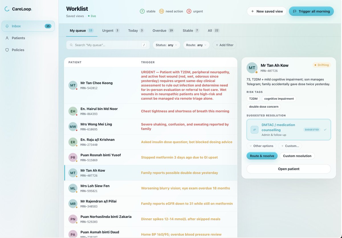 rinmaxing's tweet photo. won the patient journey automation track at @Lovable x @OpenclawKL vibeathon

me and @marzipannnn  built careloop in 6 hours: doctors customize care policies, and an AI agent handles patient follow-ups, triages responses, and escalates automatically. https://t.co/h6GhOxic8A