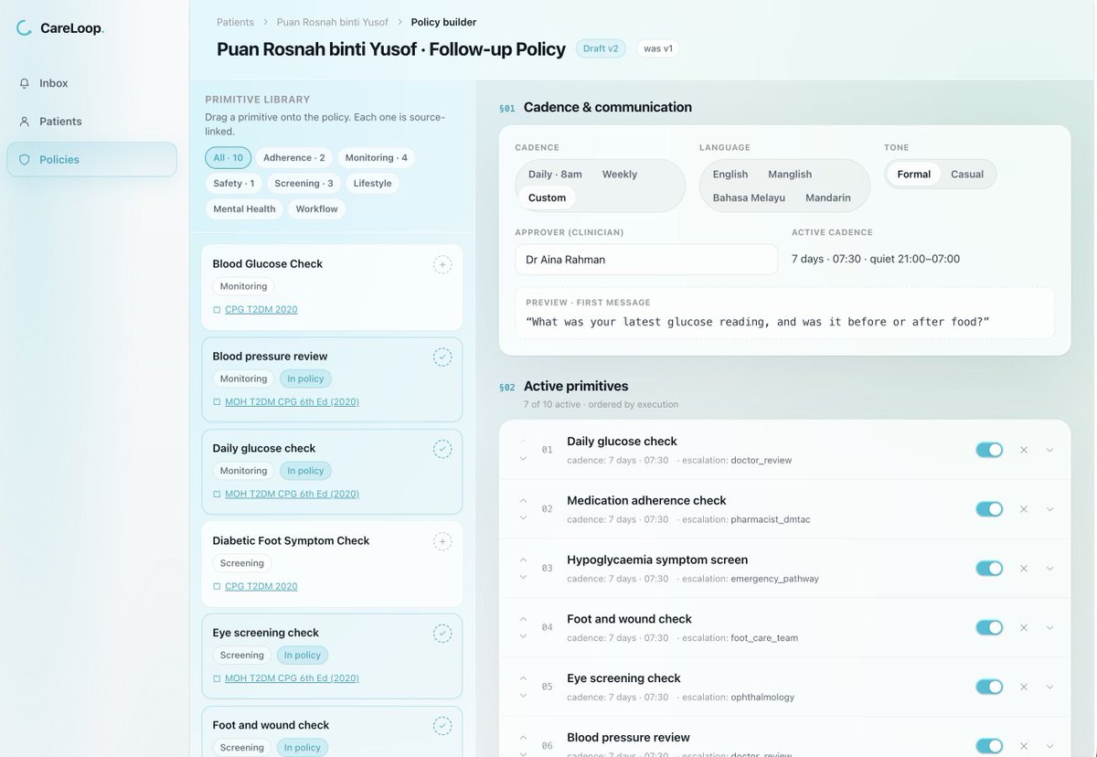 rinmaxing's tweet photo. won the patient journey automation track at @Lovable x @OpenclawKL vibeathon

me and @marzipannnn  built careloop in 6 hours: doctors customize care policies, and an AI agent handles patient follow-ups, triages responses, and escalates automatically. https://t.co/h6GhOxic8A