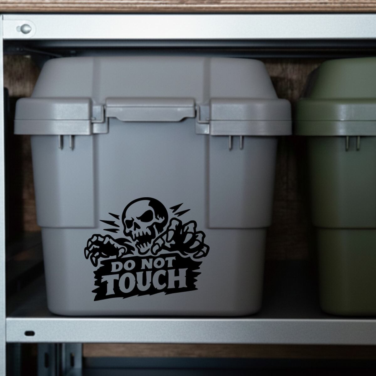 GMDecal's tweet photo. 「触るな危険」のメッセージを込めて、コンテナボックスの正面に。 グレーの無骨なボディに、這い出てくるようなスカルの黒がめちゃくちゃ馴染みます。 ガレージの棚にこれが並んでいるだけで、一気に秘密基地感が出ますね。#カッティングステッカー #ガレットモータース #コンテナボックス #収納コ https://t.co/Rnh72IsMIV