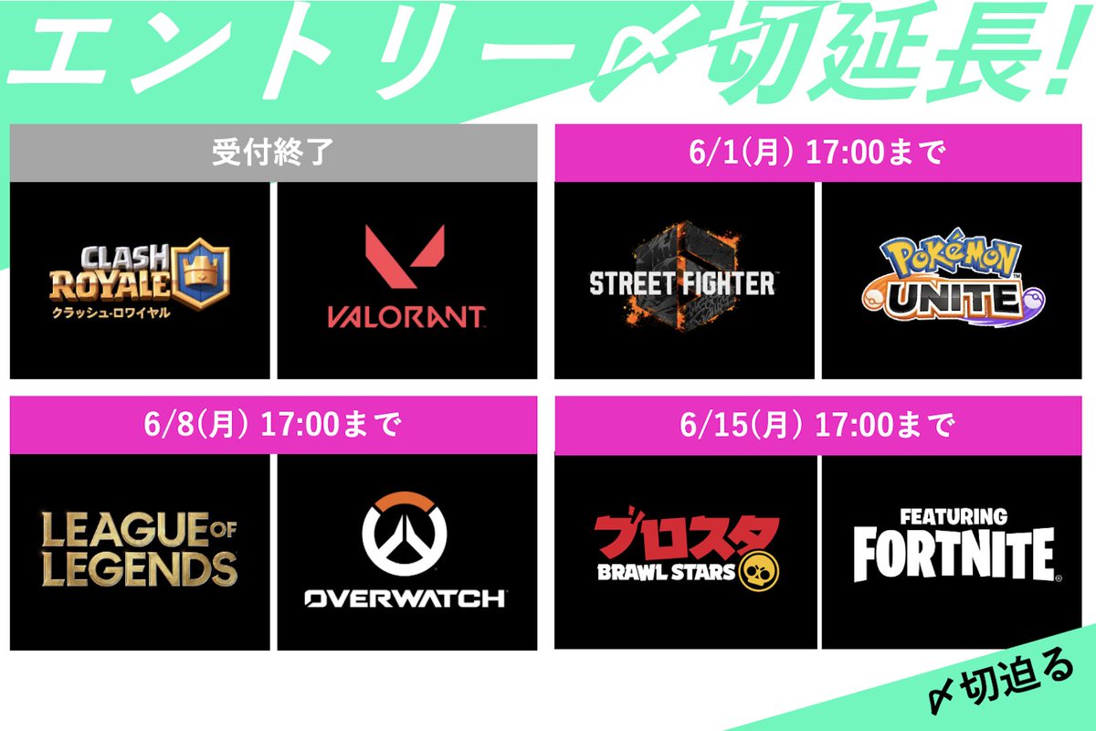 stage0_jp's tweet photo. 【エントリー〆切のお知らせ】

🔘クラッシュ・ロワイヤル ⚒️
🔘ヴァロラント🔫
上記タイトルのエントリーが終了しました。
エントリーありがとうございました✨

次回エントリー終了のタイトルは...
🔘ストリートファイター6✊
🔘ポケモンユナイト⚡
〆切は6/1(月) 17:00まで⌚

#ステージゼロ https://t.co/WZpn7WFyVp